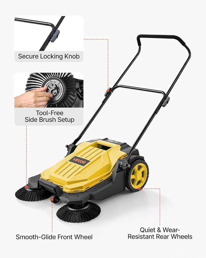 VEVOR Walk-Behind Hand Push Floor Sweeper, Manual Floor Sweeper Non-Electric with 25.6" Sweeping Width, 5 Gallons Waste Container & Adjustable Folding Handle for Yards Walkways Patios Garages - Yellow | 5 Gallons Waste Container & Adjustable Folding Ha...