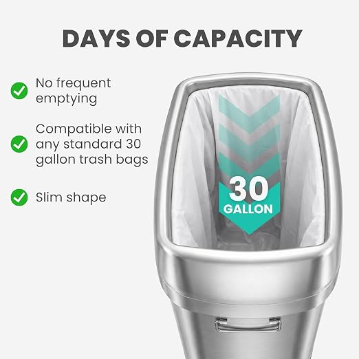 iTouchless 30 Gallon 114L Oval Open Top Stainless Steel Extra-Large Commercial Trash Can with Wheels, 2 AbsorbX Odor Filters | ADA Compliant Bin for Restaurant Restroom Hotel Office Healthcare Retail