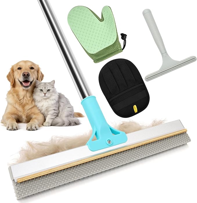 Carpet Rake for Pet Hair Removal, 4 in 1 Reusable Pet Hair Remover Tool | 23-54" Adjustable Rubber Broom, Silicone Grooming Glove, Magic Brush and Scraper for Dog Cat Hair, Rugs, Mats, Sofa