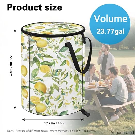 Lemon 24Gal Collapsible Trash Can w/Lid & Sorting Clips - Waterproof Pop-Up Bin for Camping Backyard | Heavy Duty Garden Waste Bag, Flodable Easy to Store (18x18x23 inch)