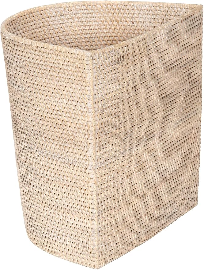 KOUBOO Half-Moon Rattan Waste Basket, Wicker Trash Can, Off White/Latte Bin | Handwoven natural texture, space-saving shape, lightweight construction, ideal for paper and dry household waste