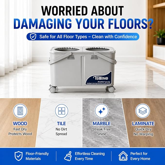 RinseWise Compact Gen 1 Mop Bucket, Clean/Dirty Water Separation, 6 Heads | 1.5 Gal Clean-Water Capacity, 4 Swivel Wheels, 61-Inch Handle, For Apartments, Pet Homes, Hardwood, Laminate & Tile Floors