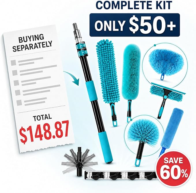FIDISP 20FT High Ceiling Duster Kit 4.5-12ft Extension Pole Heavy Duty 9PCS | Ceiling Fan Cleaner Duster & Spider Web Brush Ideal For Home, Commercial Ceilings. Non-Shaking Cleaning Windows & Outdoor