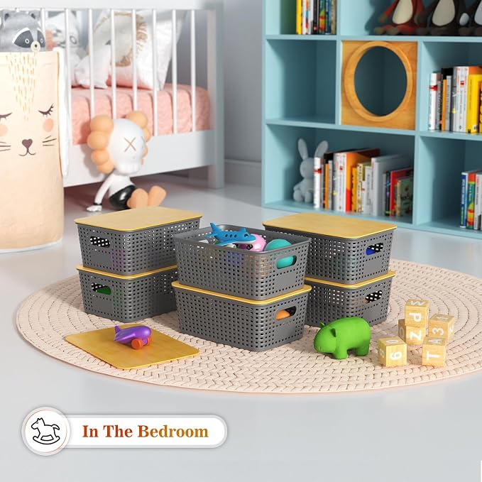 Ohmlove 6 Pack Plastic Storage Baskets with Bamboo Lids for Organization | Stackable Storage bins, Storages Baskets for Organizing Shelves Drawers Desktop Closet Playroom Classroom Office,Gray