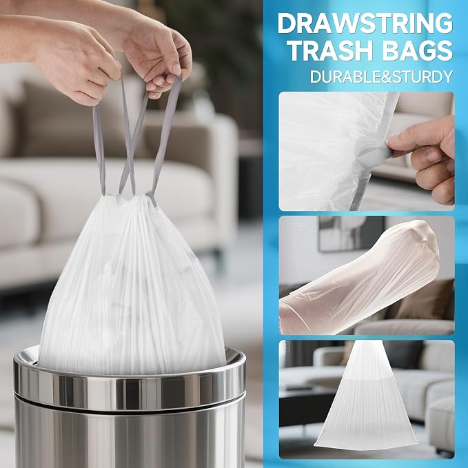180 Count 4 Gallon Drawstring Small Trash Bags for Bathroom Office | 1.2 Mil Drawstring Garbage Bags, HDPE Leak-Proof Tear Resistant, for Kitchen Office Bedroom & Home
