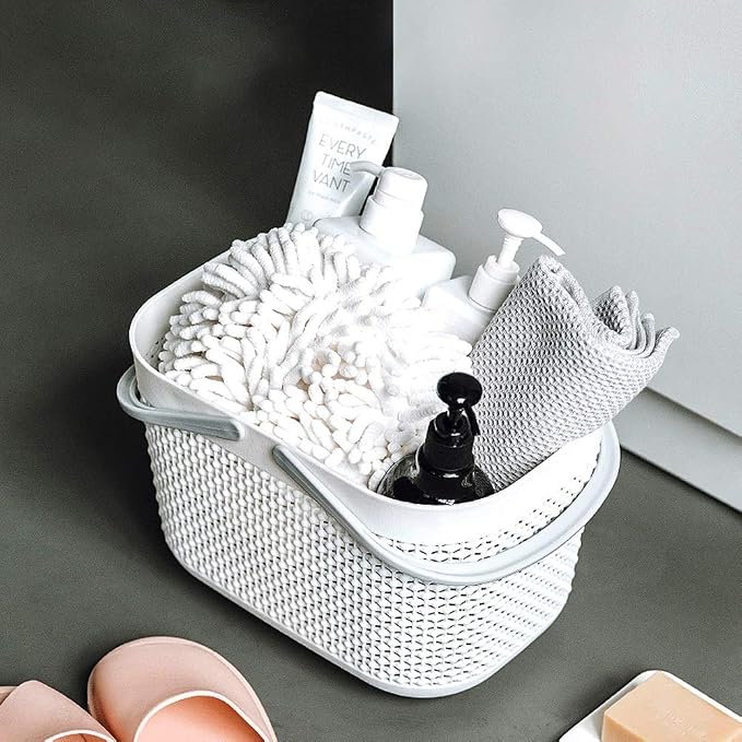 Plastic Portable Shower Caddy Basket, Storage Organizer, White, 2 Pack | Bottom Drain Holes, Keep Dry, Sturdy and Durable, Easy to Carry for Bathroom, Kitchen, Dorm Room, RV, College