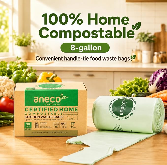ANECO 8 Gallon Compostable Kitchen Food Waste Bags, 30 Count | With Handles, Leak-proof, For Tall Kitchen Bin, BPI & OK Compost HOME Certified