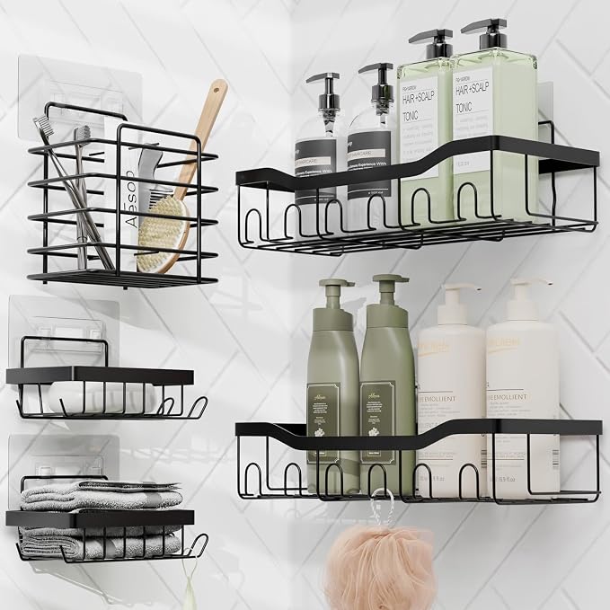 Clara Clark Bathroom Set - Purple Bathroom Accessories Set, 6PC Bathroom Accessory Set, Bathroom Sets with Adhesive Corner Shower Caddy Hanging, Toilet Brush, Trash Can & Soap Dispenser