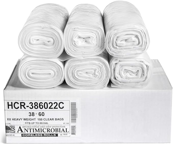 Aluf Plastics 55-60 Gallon Clear Trash Bags (150 Count) - 38' x 60' - 22 Microns Thick High Density Value Garbage Bags for Bathroom, Office, Industrial, Commercial, Janitorial, Municipal, Recycling (HCR-386022C)