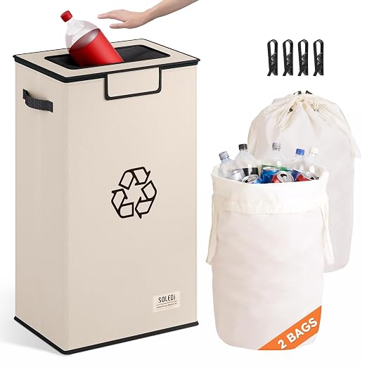SOLEDI Recycling Bin for Kitchen,26 Gallon Large Recycle Bin with Lid and 2 Removeable Reusable Inner Bags,Indoor Recycling Trash Can for Collector of Bottles Cans, and Plastic,Beige