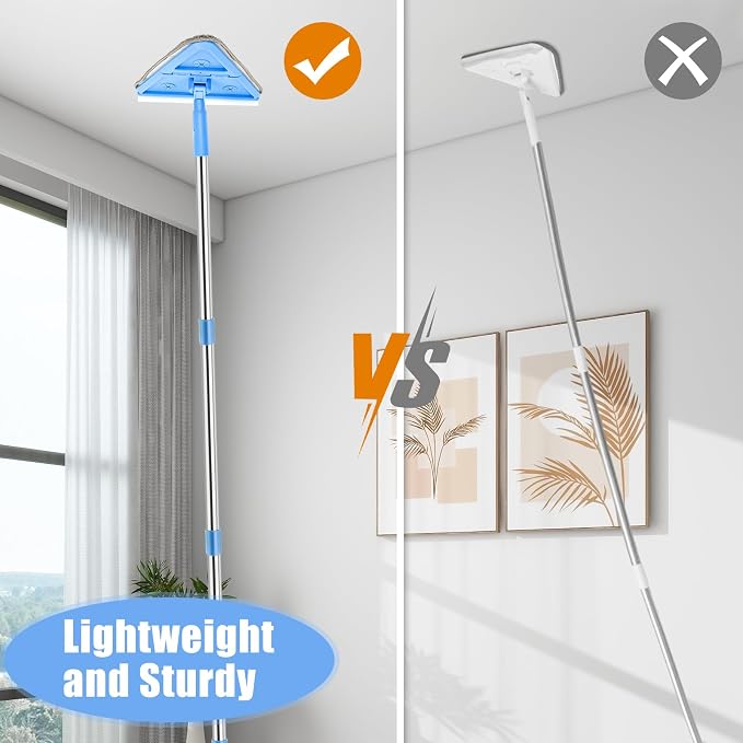 CALBEAU Baseboard Cleaner Tool with Handle, Wall Mop with Squeegee, 8 Pads | 86" Extension Pole, Swivel & Foldable Head, 8 Reusable Pads for Baseboard, Wall, Ceiling, Window, Floor, Light Blue