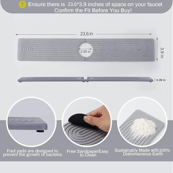 Fast Drying Stone Faucet Mat for Kitchen Sink with Raised Feet | Sink Splash Guard Water Absorbing Stone Tray for Sink, Counter Protector Matt for Kitchen & Bathroom