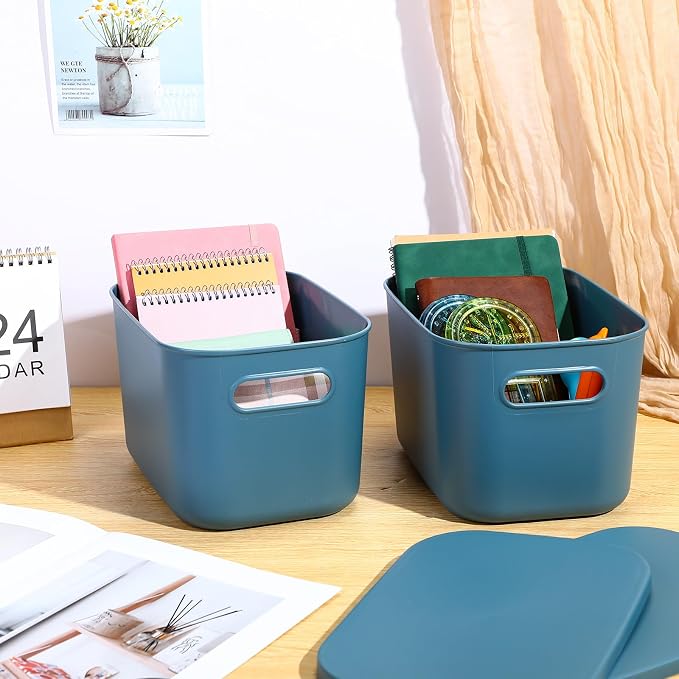 Hoolerry 8 Pack Storage Bins, 16.1 X 12.0 X 9.7 Inch Blue | Plastic Stackable Containers with Lid Handle, For Shelves Desktop Playroom Office, Organizing Toys Books Supplies Storage