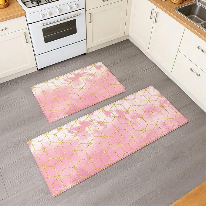 Feelyou Pink Marble 2pcs Kitchen Rug Ombre Kitchen Mat for Floor Geometric Waterproof Non-Slip Rugs for Office Laundry Room Decor Accessories