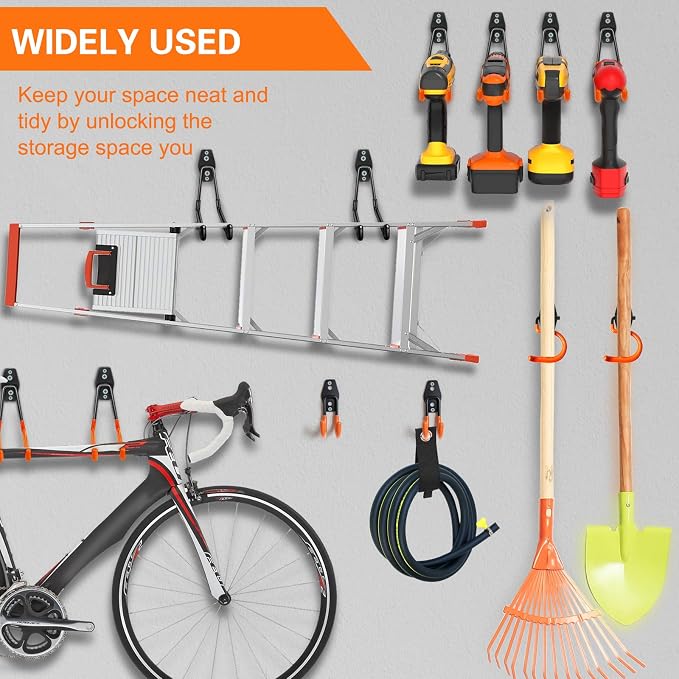 HUPBIPY 18 Pack Garage Hooks Heavy Duty, Wall Mount Ladder Hooks | Storage Organizer With a non-slip coating for Hanging Bicycles Garden Tools Ladders Hoses Ropes and Loose Items(Orange)