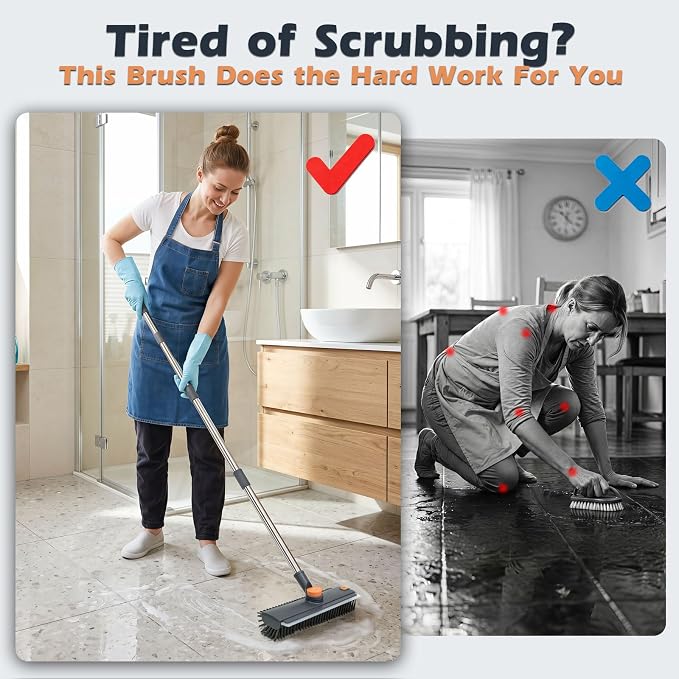 Masthome 3 in 1 Floor Scrub Brush with Long Handle 53.7" | Adjustable Heavy Duty Stiff Bristle Scrubber with Squeegee & Tweezer, 360° Rotating Head for Bathroom, Garage, Deck, Floors