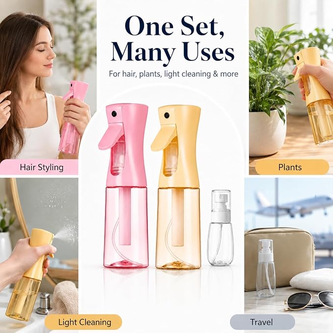 3 Pack Spray Bottles, Continuous Mist Sprayer, Water Spray Bottle for Hair, Hair Mister, 200ml x2 + 30ml Refillable Fine Mist Set - for Styling, Plants, Cleaning & Home Use (Pink & Yellow)