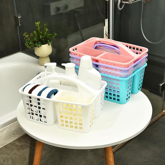 ALINK Plastic Shower Caddy Basket with Compartments, Portable Divided Cleaning Supply Storage Organizer with Handle for College Dorm Bathroom - Black