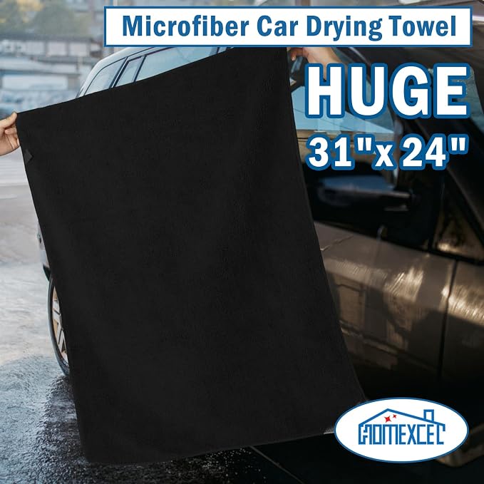 HOMEXCEL Professional Large Microfiber Car Drying Towels 4 Pack, 31" x 24" | Highly Absorbent, Lint Free, Scratch Free, Fast Drying, Absorbent Microfiber Towel for Cars SUVs RVs Trucks Boats, Black