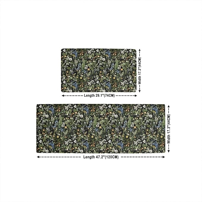 Feelyou Black Green Botanical Kitchen Rugs Sets 2PCS Blossom Flowers Kitchen Mats for Floor Natural Country Cushioned Anti Fatigue Waterproof Non-Slip Rugs for Office Laundry Room Decor Accessories