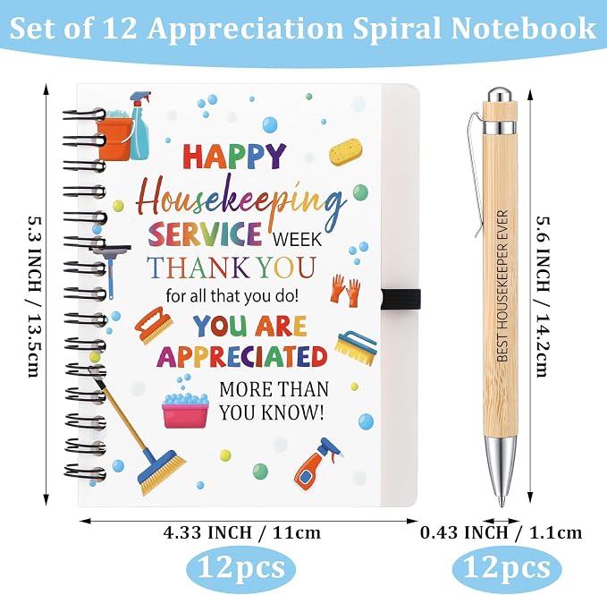 Resurhang 12 Sets Housekeeping Week Appreciation Gifts Bulk Spiral Notebook and Housekeeper Thank You Bamboo Pens with Sticky Tags for Staff House Cleaner Custodian Staff Employees