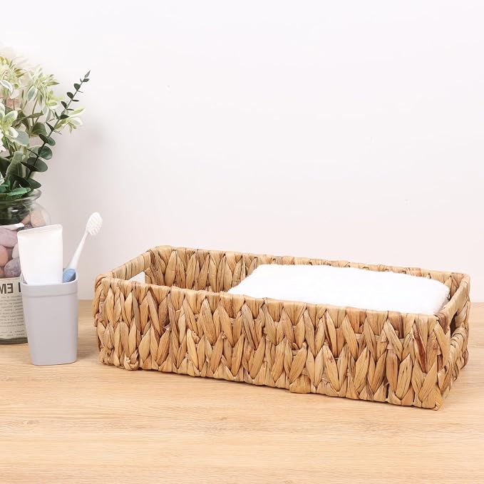 Moosky Wicker Storage Baskets with Handle Water Hyacinth Basket for Organizing Decorative Storage Bins for Countertop Toilet Tank Boho Rectangular Home Organizer (Natural, 15.9" x 6.8" x 4.1")