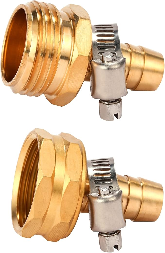 Brass Garden Hose Connector Repair Mender Kit, Fits 1/2" Water Hose Fitting | 1 Set, 1/2" Barb x 3/4" GHT, with Stainless Clamp