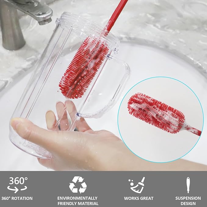 Silicone Bottle Brush, 15.7" Water Bottle Cleaner Brush, Red | Water Bottle Cleaner for Baby Bottles, Hydro Flask, Sports Bottle, Vase, Glassware, for Smaller Diameter Bottle Openings