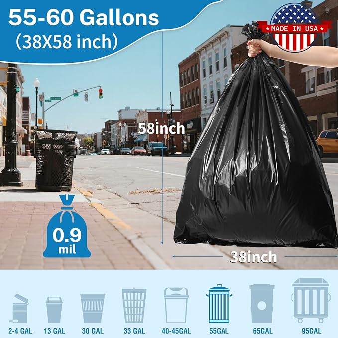 IUI 55-60 Gallon Trash Bags, Heavy Duty, 100 Count, Durable & Tear-Resistant Commercial Can Liners, Large Black Garbage Bags for Commercial, Home, Lawn and Leaf, 38" x 58", Made in USA