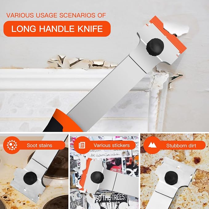 Razor Blade Scraper, Long Handled Scraper Tool with 10 Extra Replacement Blades, Razor Scraper Remover for Cleaning Sticker, Paint, Caulk from Window, Car, Glass, Windshield, Stove