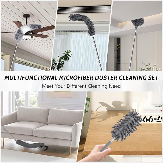Ceiling Fan Cleaner Duster,Extendable High Duster with 2m Retractable Pole and Washable Microfiber Heads, Ideal for Home and Commercial Cleaning in Hard-to-Reach Areas (6)