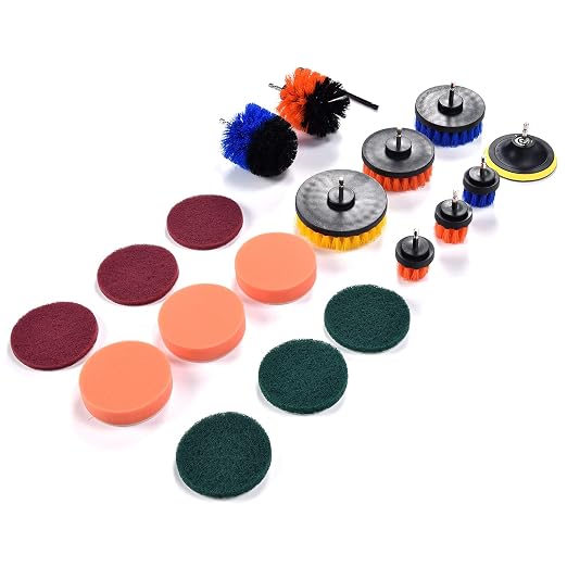 19PCS Drill Brush Attachment Set, Power Scrubber Kit with Nylon Brushes and Sponge Pads for Deep Cleaning Kitchen, Bathroom, Car and Pool Surfaces
