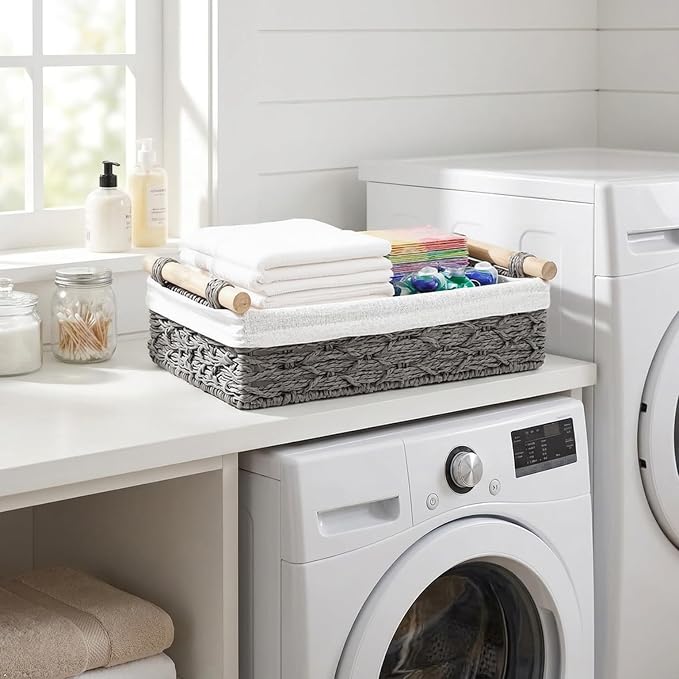 Storage Basket for Bathroom Organizer Baskets for Shelves Organizing | Toilet Paper Storage Basket for Bathroom Bedroom Home Farmhouse Decor,Set of 2,Gray