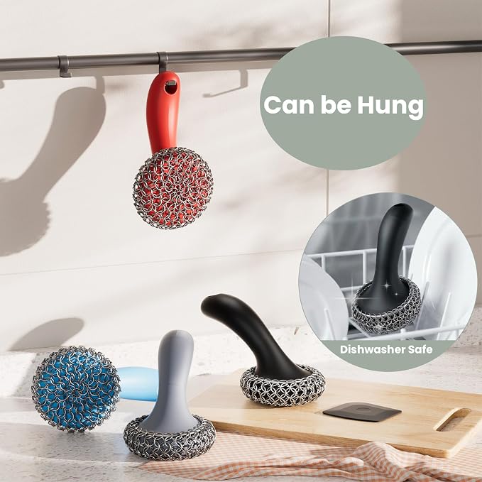 Cast Iron Scrubber with Long Handle Dish Scouring Pad Chainmail Cleaner | 316 Cast Iron Scrubber for Pan Skillet, Dishwasher Safe Cleaning Kit (Black, 1 Scrubber + 1 Scraper)