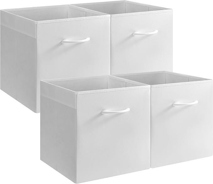 StorageWorks White 13in Storage Cubes, Leather Cube Storage Bins, 4-Pack | Reinforced Handle & Front Panel, Faux Leather Front, Non-woven Fabric, Collapsible, Space-Saving, For Closet, Bedroom, Office