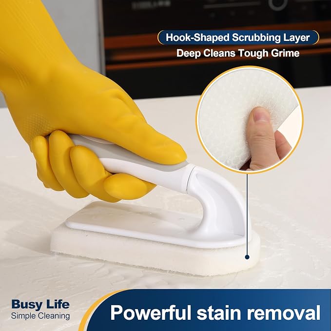 Yocada Handheld Cleaning Scrub Brush Set 2 Pack | Total 10 Hook-Shaped Scouring Pads Heavy Duty Cleaning Pads for Stubborn Stains Bathroom Kitchen Sink Tile Grout Clean