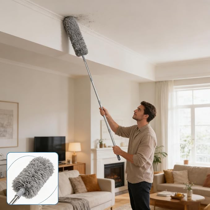 20FT Long Duster for High Ceilings, 3.4-14FT Cobweb Duster with Extension Pole, High Reach Duster Kit with Washable Head for Cleaning Ceiling Fans, Ceilings, Cobwebs