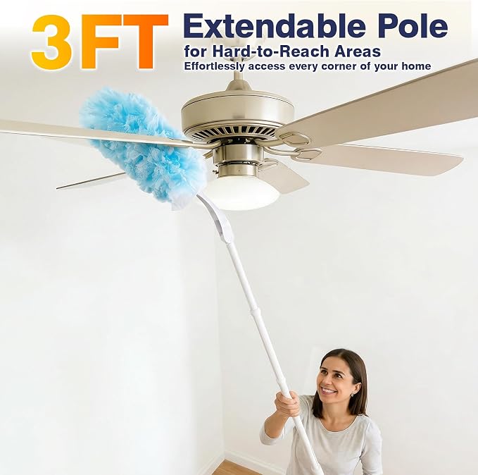 60ct Duster Refills for Swiffer Duster with 3ft Extension Pole & Short Grip | Heavy Duty 360° Disposable Dusters, Multi Surface Dusters for Cleaning Ceiling Fans, Furniture, Blinds & Hard-to-Reach Areas