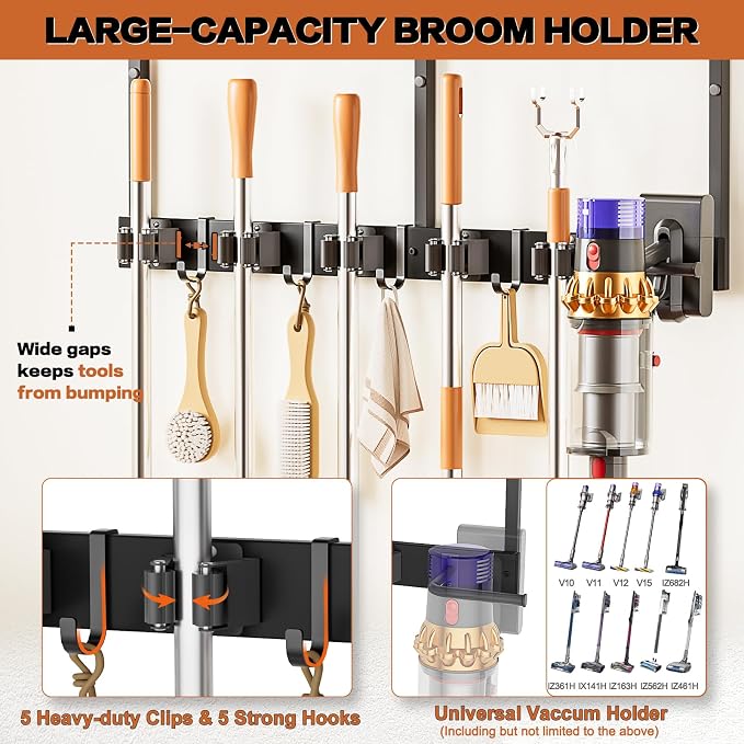 Broom Holder Wall Mount with Cleaning Supplies Organizer, Laundry Room Organization and Storage Shelves with Mop Hanger Rack Gripper Hooks, Utility Shelf Closet Organizer for Home Garage Kitchen