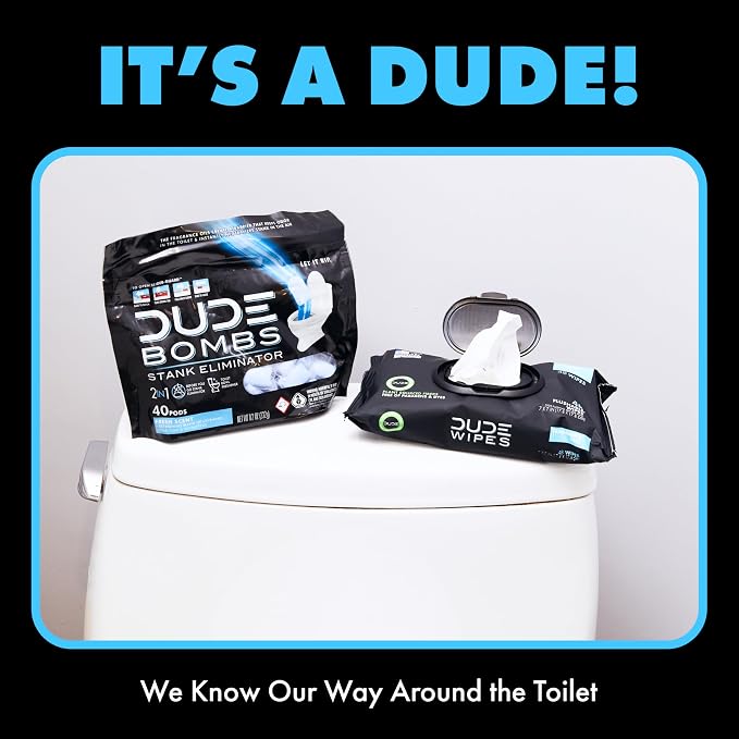 DUDE Wipes DUDE Bombs Toilet Bowl Stank Eliminator, Air Freshener, 40 Count | 1 pack of 40 pre-poop toilet pods. 2-in-1 bathroom deodorizer and toilet bowl cleaner. Lavender, cedar, lime, eucalyptus.