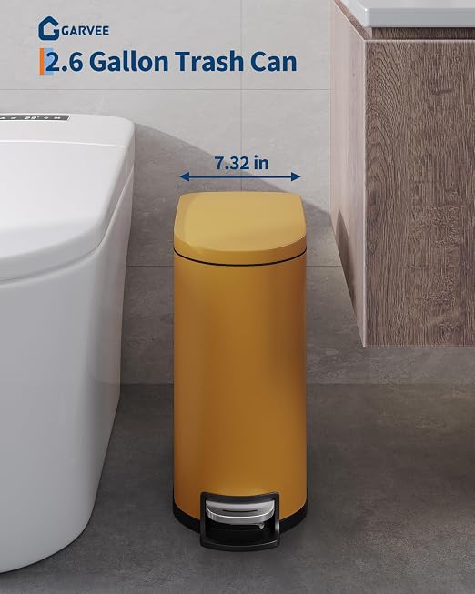 Garvee 2.6 gal / 10 L Metal Bathroom Trash Can with Lid, Slim Waterproof Garbage Can for Bedroom, Small Step-on Trash Bin with Inner Bucket, Rear Handle, Soft Close Lid, Yellow