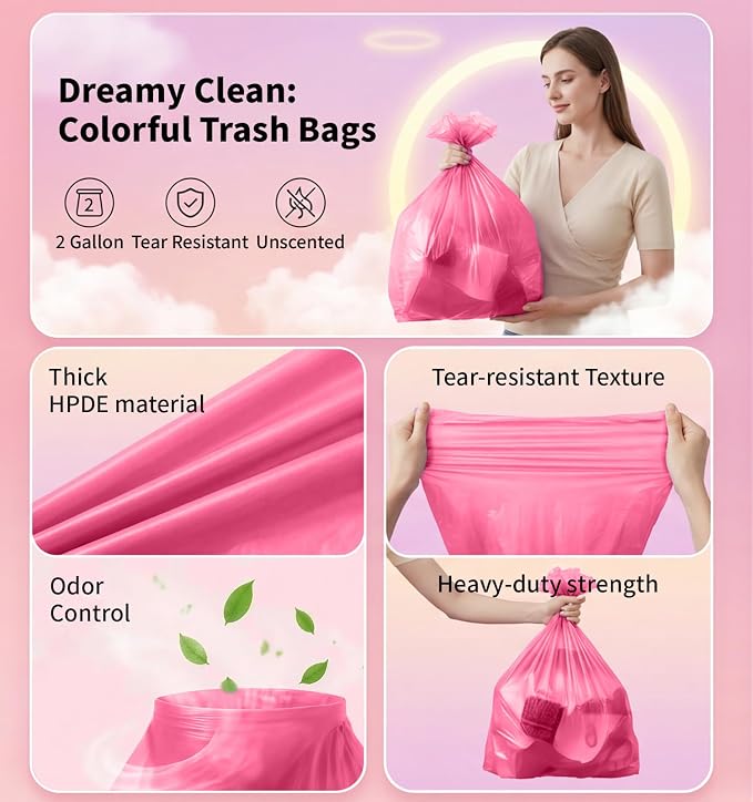 Small 2 Gallon Trash Bags Unscented, 0.78 Mil, Pink, 150 Count | 7.5 Liter Garbage Bag, Plastic Waste Basket Can Liners, Durable, Leakproof, Tear Resistant, for Bathroom Bedroom Home Bulk