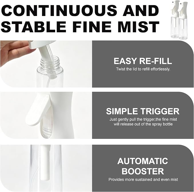 5 Pack Continuous Spray Bottles - Fine Mist Sprayer for Plants, Hair, Pets | Water Spray Bottle, Plant Mister, Spritz Bottle (6.8 OZ, White)