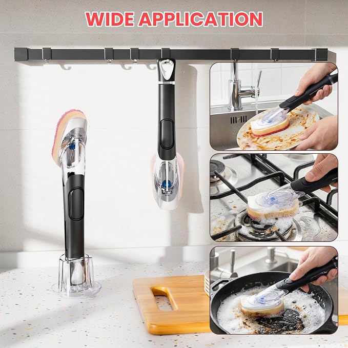 RIMAY Soap Dispensing Dish Brush Set with 10 Sponge Refills and Holder | Dish Brush with Soap Dispenser Kitchen Dishwashing Dish Wand Handle for Dishes, Pans, Pots, Sink