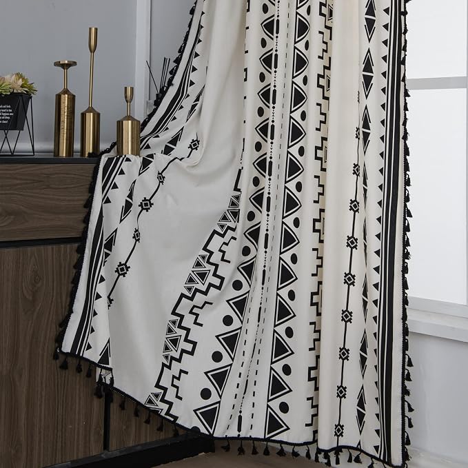 Sutuo Home Black and White Boho Curtain 84 Inches Length for Bedroom, Printed Cotton Linen Geometric Rod Pocket Chic Semi Blackout Bohemian Tassels Window Treatment, 1 Panel 59" W x 84" L