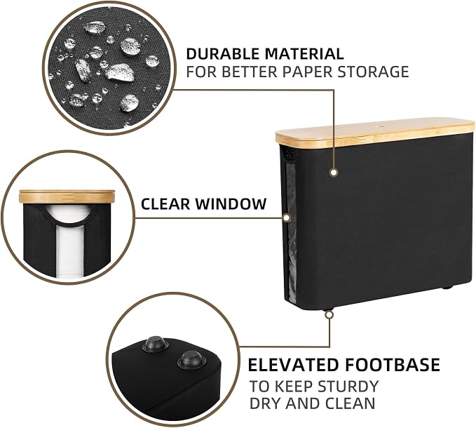 StorageWorks Toilet Paper Storage Basket, Papers Container with Bamboo Lid, Medium Toilets Holder for Up to 9 Mega Rolls, Organizer for Bathroom, Black, 1 Pack | See Rolls at a Glance with Clear Window, Holds 12 Regular or 9 Mega Rolls for Bathroom Toi...
