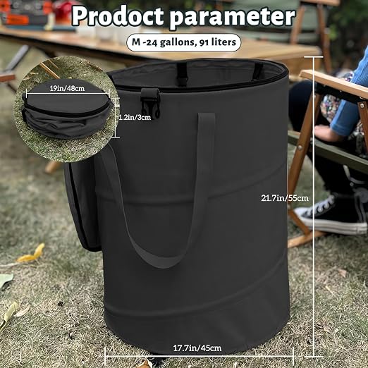 Pop up Camping Trash can with lid,Collapsible Garden can(2Pcs-Black) | 24 Gallon Outdoor Garbage Bag with Sorting Clips, Lawn and Leaf Bags - Reusable Yard Waste Bags, RV Camp Waste Bin