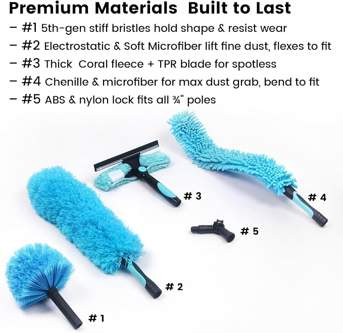Ceiling Fan Duster Kit 5-in-1 – Screw-On Cobweb Duster, Squeegee & Microfiber Heads – Washable Bendable – Fits Standard 3/4" Threaded Extension Pole – House Cleaning Kit, Blue