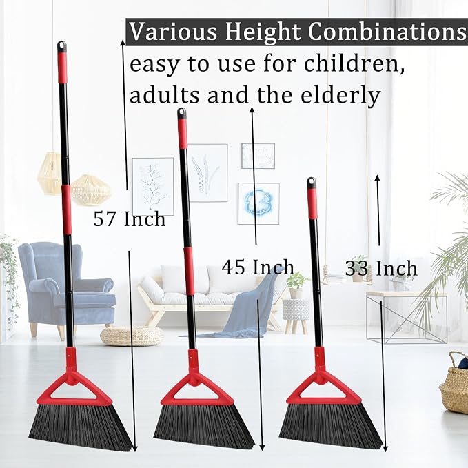 Heavy Duty Red Angle Broom with Long Handle - 4 Pack | Versatile Indoor/Outdoor Sweeping, for Courtyard/Garage/Sidewalk/Kitchen/Lobby/Canteen, Durable & Efficient