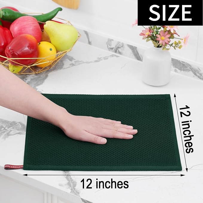 Homaxy 100% Cotton Waffle Weave Kitchen Dish Cloths 6-Pack, Blackish Green | 12 x 12 Inches, Ultra Soft Absorbent Dish Towels, Quick Drying Dish Rags with Hanging Loop